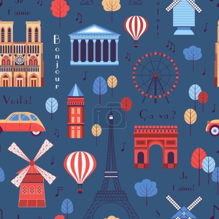 Illustration for Paris pattern with architectural symbols and landmarks of France. Eiffel tower, Notre Dame, Arc de Triomphe, Pantheon and more on vintage French seamless background. - Royalty Free Image