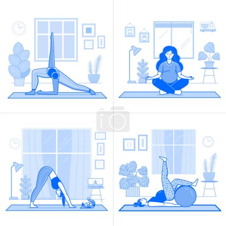Téléchargez les illustrations : Scènes d'entraînement à domicile dans l'art de la ligne avec des filles faisant du yoga intérieur ou des exercices de fitness. Différentes jeunes femmes pratiquant le yoga et s'étirant au salon. - en licence libre de droit
