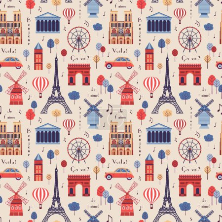 Illustration for Paris pattern with architectural symbols and landmarks of France. Eiffel tower, Notre Dame, Arc de Triomphe, Pantheon and more on vintage French seamless background. - Royalty Free Image