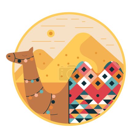 Illustration for Decorated camel walking in desert with sand dunes circle icon in flat design. Two humped desert animal decorated with bright carpet and ethnic ornaments. - Royalty Free Image