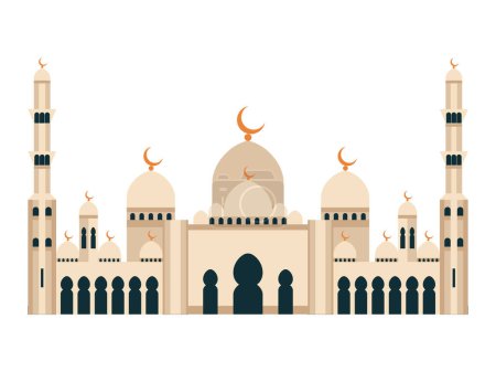 Illustration for Sheikh Zayed Grand Mosque in Abu Dhabi. Famous Islamic mosque and popular landmark with crescent and stars symbols. Flat design vector illustration of religious building. - Royalty Free Image