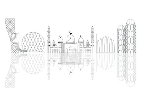 Illustration for Abu Dhabi city skyline line art web banner. Monochrome cityscape illustration with popular UAE landmarks, attractions, modern and traditional Arab architecture of United Arab Emirates capital. - Royalty Free Image