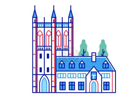 Illustration for Abstract anglican gothic church or abbey icon in line art. Christian cathedral architectural landmark in line art. - Royalty Free Image