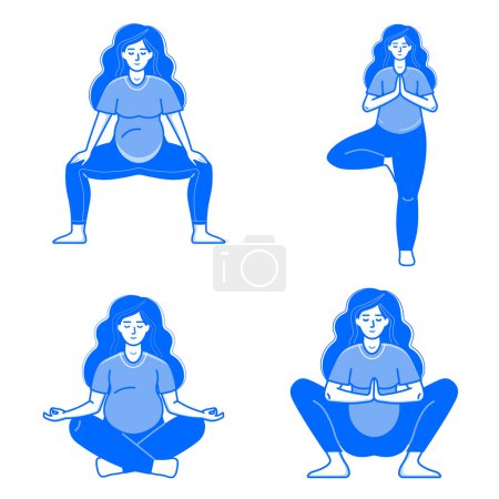 Téléchargez les illustrations : Méditer femme enceinte faisant des exercices prénatals dans différentes poses de yoga. Yoga de grossesse et des scènes de méditation avec de jeunes femmes est assis dans la pose de lotus avec les mains namaste, debout sur une jambe. - en licence libre de droit