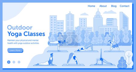 Illustration for Diverse people practicing outdoor yoga classes in city park. Men and women on outdoor workout. Healthy and active lifestyle line art web banner with people training different yoga postures. - Royalty Free Image