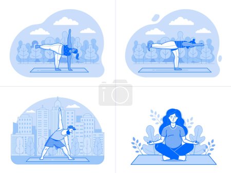 Illustration for Men and women meditating and doing fitness exercises outdoors. Diverse people practicing yoga in city park. Outdoor workout line art scenes with male and female training at nature. - Royalty Free Image