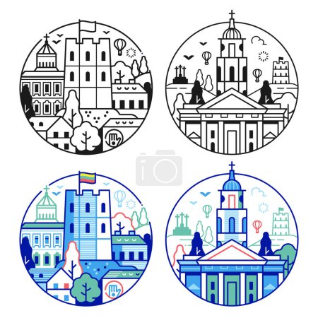 Illustration for Vilnius landmarks icons with Gediminas tower and cathedral. Travel Lithuania circle emblems or logo templates in line art style. - Royalty Free Image