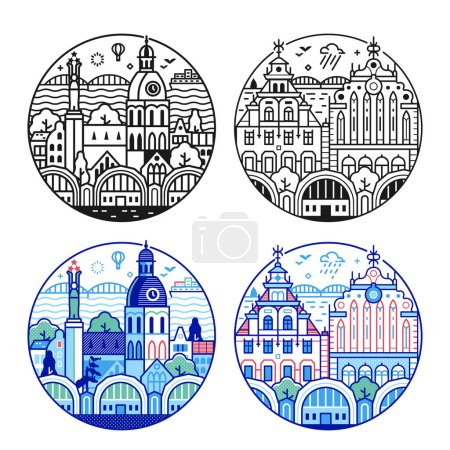 Illustration for Riga landmarks icons with merchant Black Head house and Dome cathedral. Travel Latvia circle emblems or logo templates in line art style. - Royalty Free Image