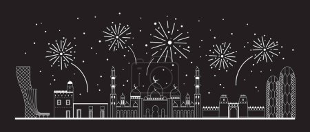 Illustration for Abu Dhabi line art web banner with festive illumination show over city skyline. National day firecrackers or New Year Eve fireworks above popular Arab landmarks and famous buildings of UAE capital. - Royalty Free Image