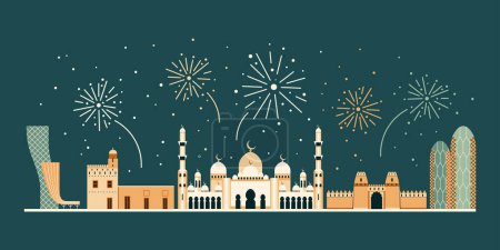 Téléchargez les illustrations : Bannière web Abu Dhabi avec spectacle d'illumination festive sur les toits de la ville. Fête nationale pétards ou feux d'artifice du Nouvel An au-dessus des monuments arabes populaires et des bâtiments célèbres de la capitale des EAU. - en licence libre de droit