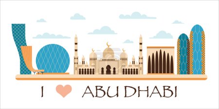 Illustration for I love Abu Dhabi web banner with modern arabic city skyline. Flat Emirates cityscape illustration with popular UAE landmarks, attractions, modern and traditional architecture of United Arab Emirates. - Royalty Free Image