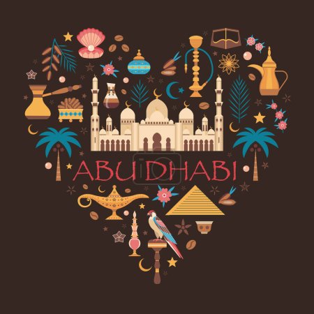 Ilustración de Me encanta la impresión o la tarjeta de viaje de Abu Dhabi con símbolos y elementos de Emirates estilizados en forma de corazón. Símbolos y puntos de referencia populares de los Emiratos Árabes Unidos como la Gran Mezquita Sheikh Zayed, comida y bebida árabe. - Imagen libre de derechos
