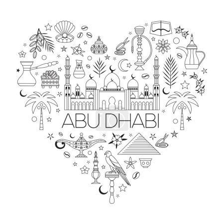 Ilustración de Me encanta la impresión artística de la línea de viajes de Abu Dhabi o la tarjeta con símbolos y elementos de Emirates estilizados en forma de corazón. Símbolos y puntos de referencia populares de los Emiratos Árabes Unidos como la Gran Mezquita Sheikh Zayed, comida y bebida árabe. - Imagen libre de derechos