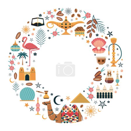 Illustration for Emirates print or card with empty copy space and UAE Dubai and Abu Dhabi landmarks, traditional food and drink and oriental symbols. Arabic world design elements stylized in circle shape frame. - Royalty Free Image