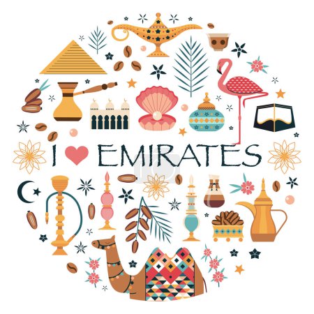 Ilustración de Emiratos impresos o tarjeta de viaje con Emiratos Árabes Unidos Dubai y Abu Dhabi monumentos, comida y bebida tradicionales y símbolos orientales. Elementos de diseño del mundo árabe estilizados en forma de círculo. - Imagen libre de derechos