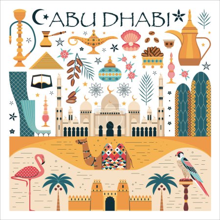 Ilustración de Cartel de viaje de Abu Dhabi con símbolos y edificios tan famosos como la Gran Mezquita Sheikh Zayed, el Fuerte Al Jahili en el desierto. Impresión conceptual de los EAU con arquitectura árabe moderna, monumentos, animales y alimentos. - Imagen libre de derechos