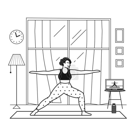 Ilustración de Mujer joven practicando yoga en casa sala de estar y viendo clases en línea en el ordenador portátil. Chica haciendo yoga o ejercicios de fitness con tutoriales en línea. Inicio entrenamiento estilo de vida saludable línea escena de arte. - Imagen libre de derechos