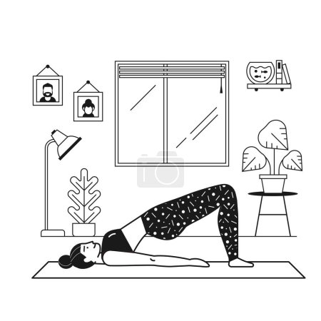 Illustration for Young woman practicing yoga doing bridge pose at home. Girl doing fitness exercises on yoga mat in living room with window and plants. Home workout healthy lifestyle scene in line art. - Royalty Free Image