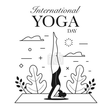 Illustration for Woman doing asana International Yoga Day card. Female in Yoga headstand pose. Yoga body posture exercise on yoga mat. Healthy lifestyle concept for poster template design. - Royalty Free Image