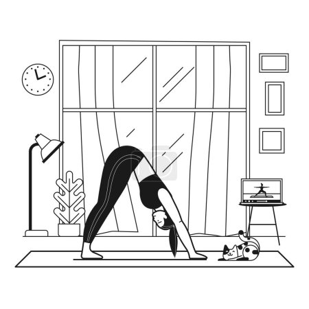 Illustration for Woman practicing yoga with cat at home living room and watching web sport classes. Girl in downward facing dog pose doing fitness exercises with online tutorials. Indoor workout scene in line art. - Royalty Free Image