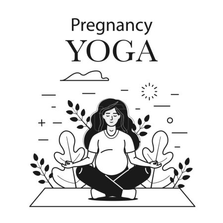 Ilustración de Folleto o tarjeta de yoga prenatal con una mujer embarazada sentada en pose de loto haciendo meditación de yoga. Mujer sentada en pose de loto con manos namaste en línea diseño de arte. - Imagen libre de derechos