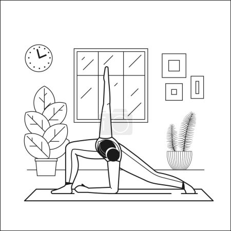 Ilustración de Mujer morena practicando yoga en casa. Chica haciendo ejercicios de fitness en estera de yoga en la sala de estar acogedor interior con ventana y plantas. Inicio entrenamiento estilo de vida saludable línea escena de arte. - Imagen libre de derechos