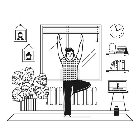 Illustration for Man practicing indoor yoga at home living room and watching online classes on laptop. Male in tree pose doing fitness exercises with web tutorials. Life balance, and healthy lifestyle concept. - Royalty Free Image