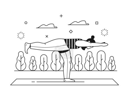 Ilustración de Hombre hipster barbudo practicando yoga haciendo Warrior 3 posan sobre la naturaleza. Hombre de aspecto moderno haciendo ejercicios de fitness en estera de yoga en el parque de la ciudad con árboles. Escena de entrenamiento al aire libre en línea arte. - Imagen libre de derechos