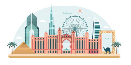 Illustration for Travel Dubai city skyline travel web banner. Colorful Emirates city panorama illustration with popular UAE landmarks and attractions. Modern and traditional Arab architecture of United Arab Emirates. - Royalty Free Image