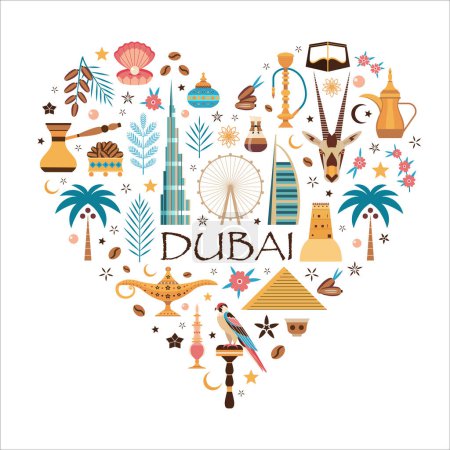 Ilustración de Me encanta la tarjeta de viaje de Dubái con famosos símbolos de Emiratos y edificios estilizados en forma de corazón. Postal o póster impreso en EAU con monumentos turísticos, animales, comida árabe y monumentos arquitectónicos. - Imagen libre de derechos