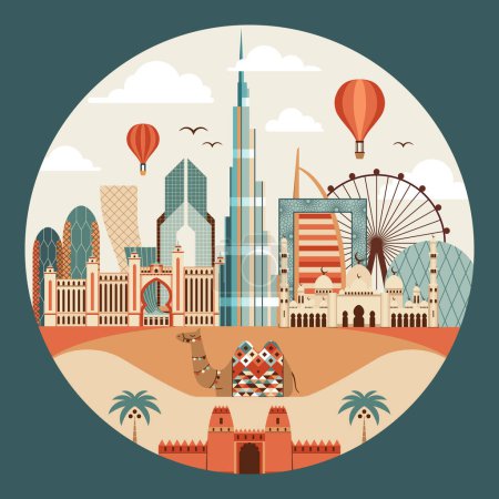 Illustration for Travel Emirates print with famous architectural landmarks and camel in a desert. Hot air balloons flying over popular Emirates attractions and camel lying in the sand dunes, circle shape sticker. - Royalty Free Image