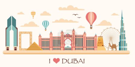 Ilustración de Me encanta Dubai ciudad skyline banner web de viajes. Colorida ilustración panorámica de la ciudad de Emiratos Árabes Unidos con monumentos y atracciones populares. Arquitectura árabe moderna y tradicional de los Emiratos Árabes Unidos. - Imagen libre de derechos