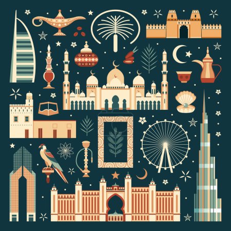 Ilustración de Colección de elementos de diseño de Travel Emirates con símbolos y edificios famosos de Dubai y Abu Dhabi. Impresión de la tarjeta de noche árabe con monumentos turísticos de los EAU, animales, comida árabe y monumentos arquitectónicos. - Imagen libre de derechos