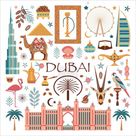 Ilustración de Cartel o tarjeta de viaje de Dubai con símbolos y edificios famosos como Dubai Frame en el desierto. Postal de los Emiratos Árabes Unidos para imprimir con monumentos turísticos, animales, comida árabe y monumentos arquitectónicos. - Imagen libre de derechos