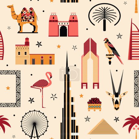 Illustration for UAE travel pattern with famous Emirates attractions, buildings, landmarks and arabic animals. Seamless repeating background with Dubai and Abu Dhabi popular symbols as falcon, Arabian oryx and camel. - Royalty Free Image