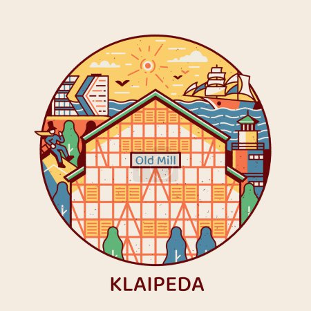 Illustration for Travel Klaipeda icon inspired by famous detached house hotel, lighthouse and other city landmarks and tourist symbols. Thin line Lithuania town circle emblem with historic architectural monuments. - Royalty Free Image