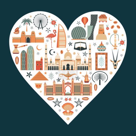 Illustration for UAE travel print or card with famous Emirates attractions, architecture, buildings, arabic animals, plants, traditional food and oriental ornaments. I love UAE heart shape poster with popular symbols. - Royalty Free Image