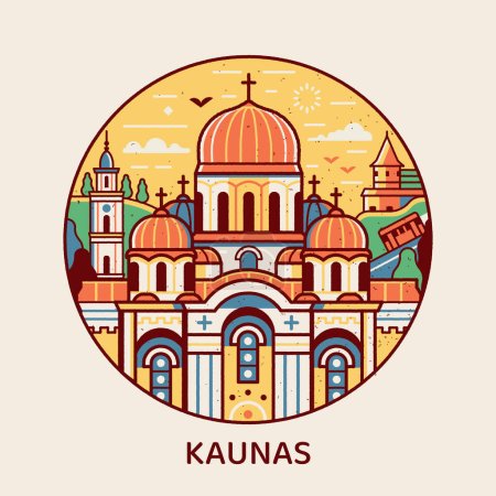 Illustration for Travel Kaunas icon inspired by church of St Michael the Archangel, City Hall and other city landmarks and tourist symbols. Thin line Lithuania town circle emblem with historic architectural monuments. - Royalty Free Image