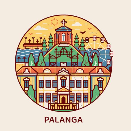 Illustration for Travel Palanga icon inspired by famous Amber museum, ferris wheel and other city landmarks and tourist symbols. Thin line Lithuania town by Baltic sea circle emblem with historic monuments. - Royalty Free Image