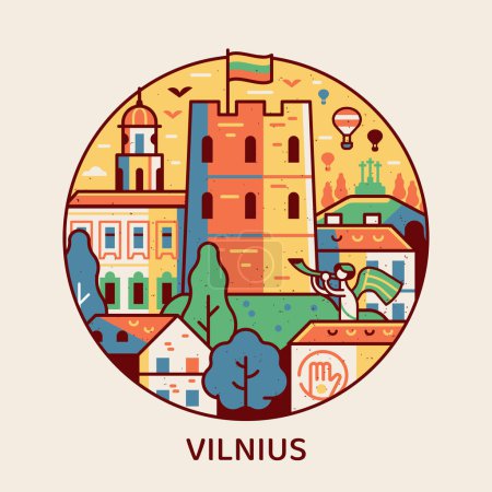 Viajar Vilna icono inspirado en la torre del castillo de Gediminas y edificios de la catedral. Línea delgada Lituania capital turístico emblema del círculo emblemático con la histórica ciudad vieja vista del horizonte.