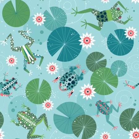 Frogs and toads swimming in lily pond pattern. Cartoon amphibians having fun among water lilies and lily pads. Quirky animals on seamless background colored in bright shades of green.
