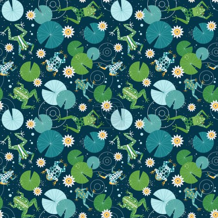 Frogs and toads swimming in lily pond pattern. Cartoon amphibians having fun among water lilies and lily pads. Quirky animals on seamless background colored in bright shades of green.