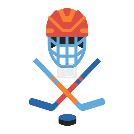 Téléchargez les illustrations : Icône de casque de hockey sur glace avec bâtons croisés et rondelle. - en licence libre de droit