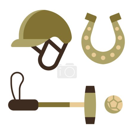 Illustration for Horse polo equipment. Grass hockey stick, helmet and ball icons in flat design. - Royalty Free Image