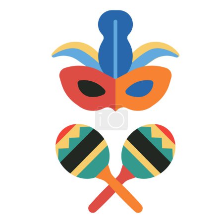Ilustración de Máscara de plumas de carnaval latino e iconos de maracas de diseño plano. Desgaste facial del festival de máscaras mexicano y agitadores de rumba. - Imagen libre de derechos