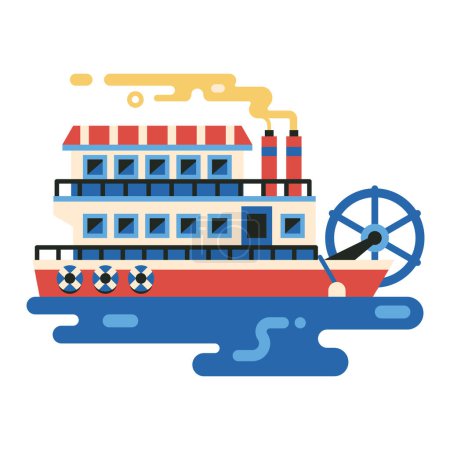 Téléchargez les illustrations : Bateau à vapeur américain rétro au design plat. Icône de vapeur ferry rouge. - en licence libre de droit