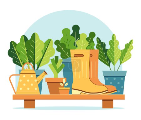 Illustration for Plants growing and cultivation concept with watering can, yellow rubber boots, green plants and leafy greens. Spring gardening and farming scene with plant seedling tools. - Royalty Free Image