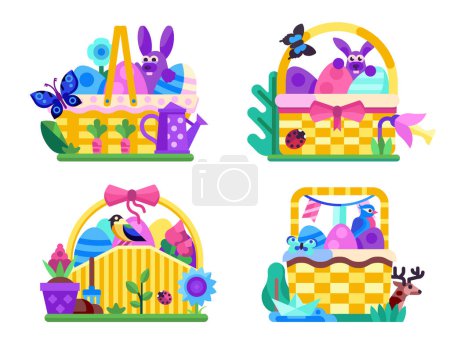 Téléchargez les photos : Paniers de Pâques décorés en osier avec œufs, lapins et oiseaux. Corbeille de printemps festive remplie de fleurs, d'animaux, de papillons et d'autres symboles printaniers. - en image libre de droit