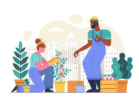 Illustration for City gardening scene with modern couple planting vegetable seeds together. Spring urban farming concept with people growing veggies and green plants at city background. - Royalty Free Image