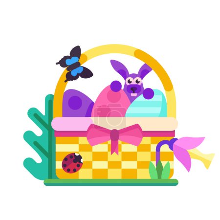 Illustration for Spring wicker Easter basket with bunny and eggs. Festive decorated picnic basket with blooming flower and butterfly. - Royalty Free Image